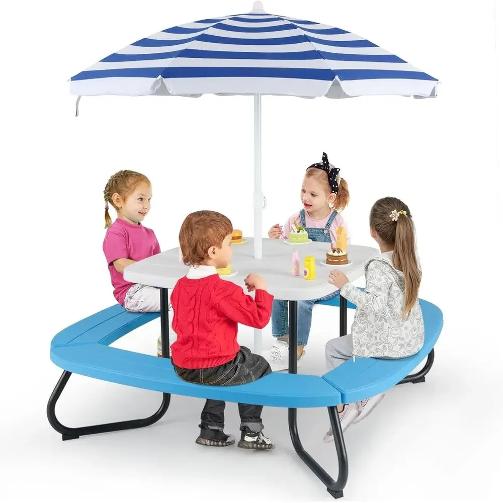 Kids Outdoor Picnic Table - 8-Person Kids Picnic Table with Umbrella,